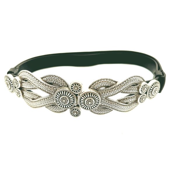 Chico’s Black Leather Belt M/L Silver Filigree Buckle Adjustable 27–43 Statement - Picture 4 of 5